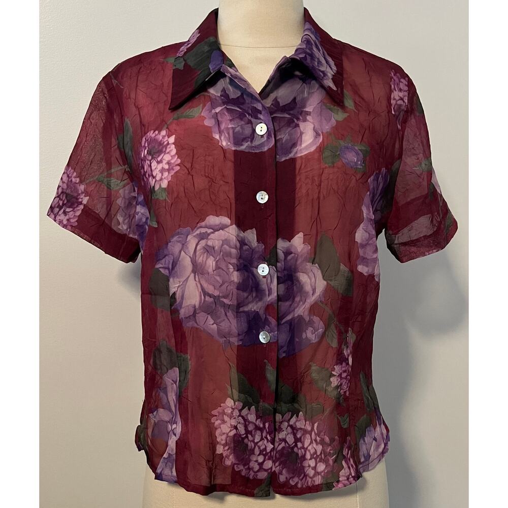 K&Company Y2K Button Down Sheer Burgundy Floral Shirt Short Sleeves Boho Size 8